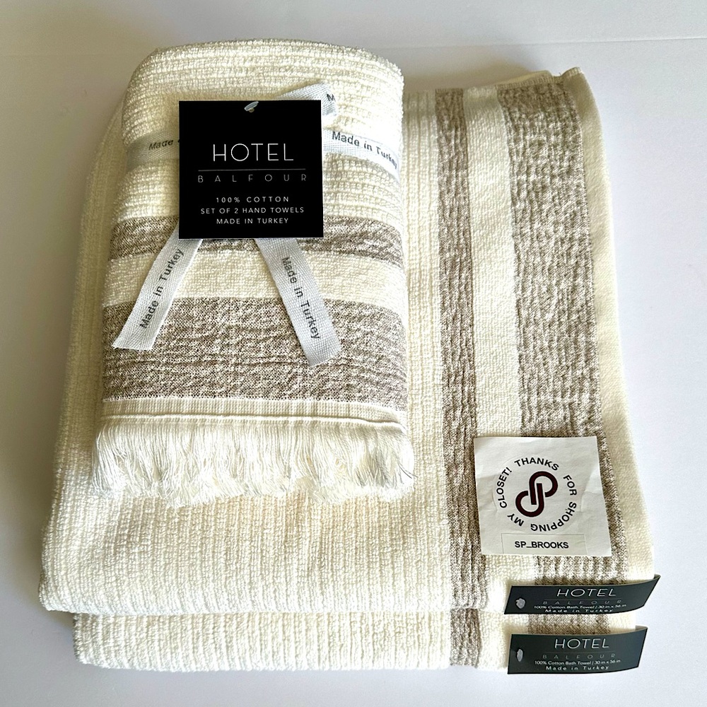 🎁Hotel Balfour 4PC Bath Towel Set - Cotton - CRMLTBG - Cream & Heather Taupe